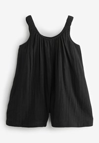 Combinaison noire sans manches avec jambes larges et encolure élastique froncée, en tissu texturé léger.