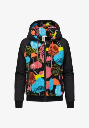 Haut de survêtement zippé noir avec un design en polaire fleuri coloré, doté d'une capuche ajustable et de manches et poignets unis contrastants.