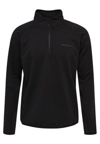Pullover nero a maniche lunghe con zip a un quarto, realizzato in tessuto morbido. Presenta un logo discreto sul petto e un design con colletto alto.