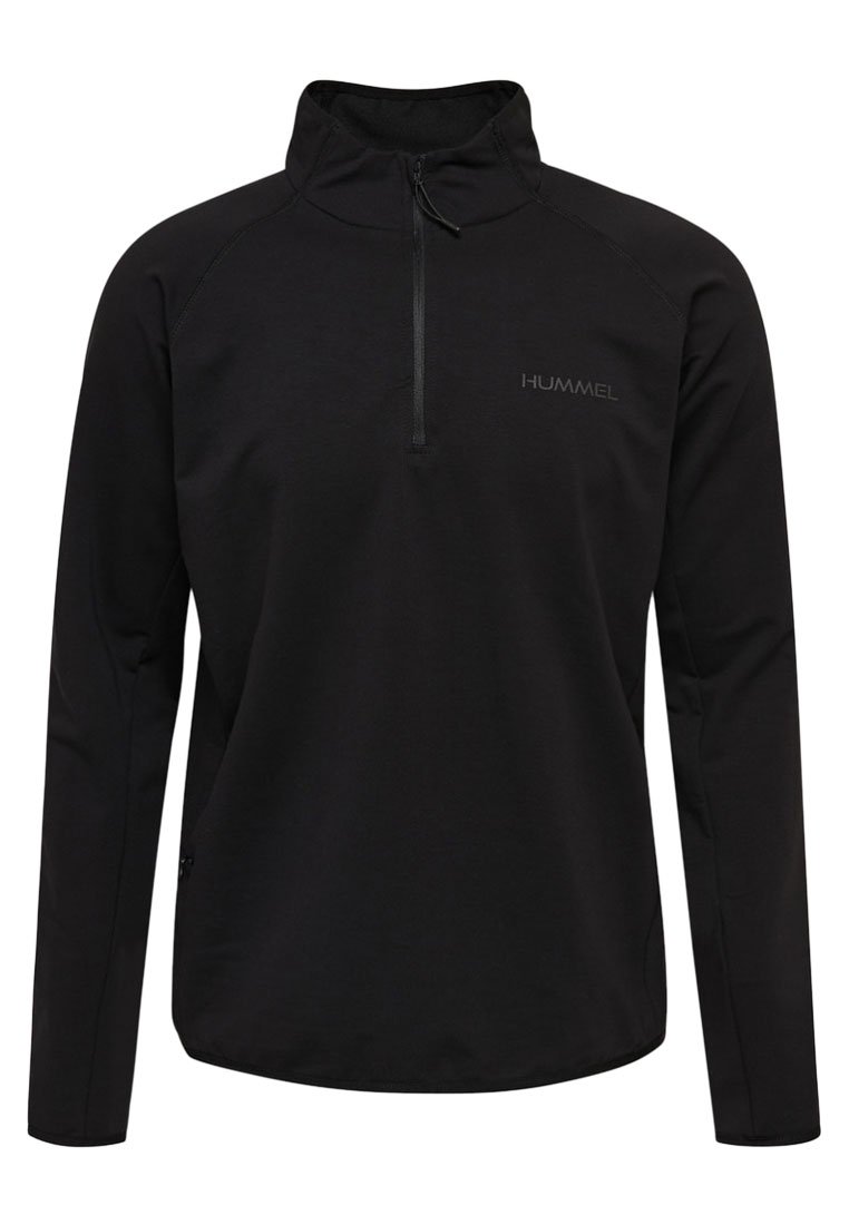 Pullover nero a maniche lunghe con zip a un quarto, realizzato in tessuto morbido. Presenta un logo discreto sul petto e un design con colletto alto.