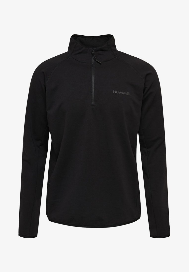 Pullover nero a maniche lunghe con zip a un quarto, realizzato in tessuto morbido. Presenta un logo discreto sul petto e un design con colletto alto.