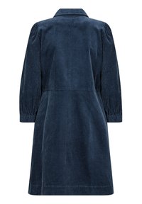 Navyblaues Cordkleid mit Kragen, langen Puffärmeln und tailliertem Schnitt, das ein strukturiertes vertikales Streifenmuster aufweist.