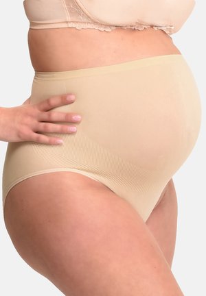Béžové tehotenské shapewear s hladkou textúrou, vysokým pásom a mäkkým elastickým materiálom. Má rebrované akcenty a bezšvový povrch.