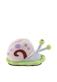 Snail-shaped plush slippers with a soft pink shell, green base, and purple spots. It features lime-green accents and soft antennae.