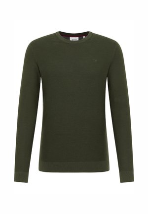 Maglione verde lavorato a maglia con maniche lunghe, scollo rotondo e polsini e orlo a coste. Presenta un piccolo dettaglio logo sul petto.