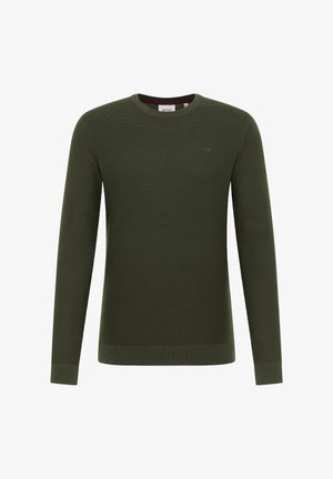 Roheline kootud kampsun pikkade varrukatega, ümmarguse kaelusega ning soonikkoes varruka- ja alaosa äärtega. Ees väikese logoga detail.