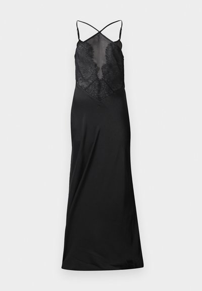 Juoda suknelė su prigludusia nėriniuota liemene, reguliuojamomis kryžminėmis petnešomis ir švelniu satino sijonu. Savybės: lygus paviršius ir elegantiškas dizainas.