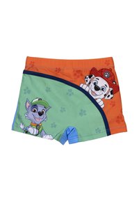 Pantaloni da nuoto per ragazzi con un design verde e arancione e accenti blu. Personaggi di un programma per bambini stampati sul davanti.