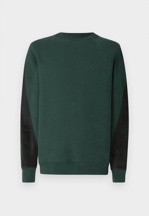 Hanorac verde cu guler rotund, panouri laterale negre și detalii subtile cu logo negru pe piept. Material moale, texturat.