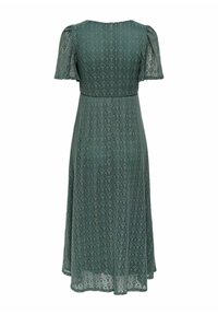 Robe midi en dentelle verte avec manches courtes bouffantes et taille cintrée, présentant un motif floral et une jupe fluide.