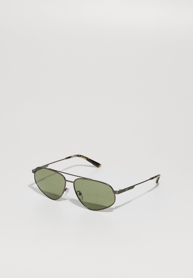 Metal aviator sunglasses with green lenses, slim black frame, and tortoiseshell accents on the temple tips. Angular design and lightweight construction.