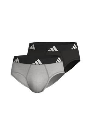 Dos pares de calzoncillos para hombre, uno gris y otro negro, ambos con una amplia cinturilla negra que presenta el logo de Adidas en blanco. Material de mezcla de algodón.