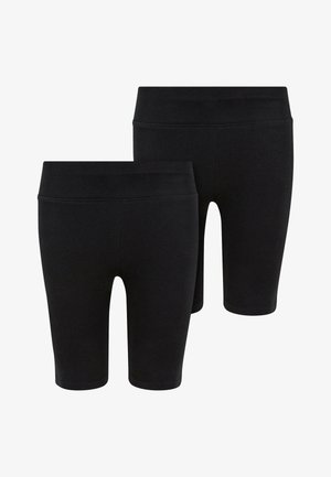 Fekete leggings szett, rugalmas anyagból készült, magas derékkal és térdhosszal, sima textúrával és látható minták nélkül.