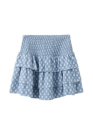 Mini-jupe bleu clair à volants avec imprimé floral blanc et taille élastique smockée.