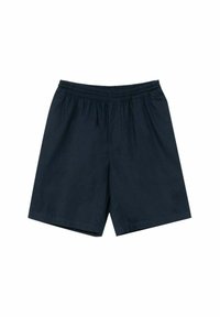 Pantalones cortos azul marino hechos de una tela suave, con cinturilla elástica y sin bolsillos. El diseño es simple y de corte recto.