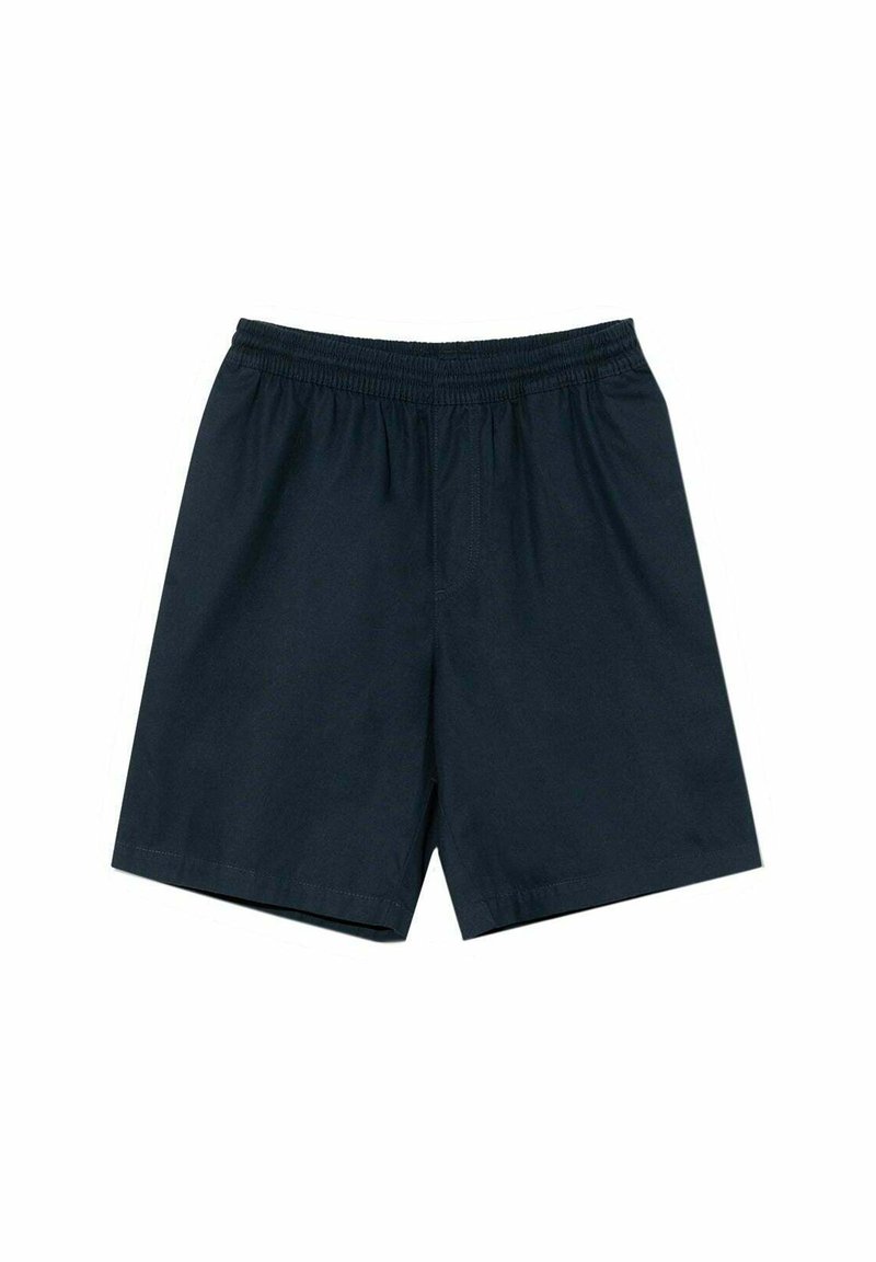 Pantalones cortos azul marino hechos de una tela suave, con cinturilla elástica y sin bolsillos. El diseño es simple y de corte recto.