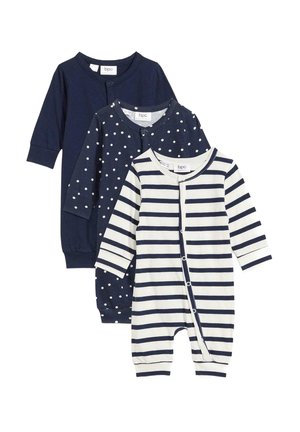 Trois bodies pour bébés : un uni bleu marine, un bleu marine à pois blancs, et un rayé bleu marine et blanc. Tous ont des manches longues et des fermetures à pression.