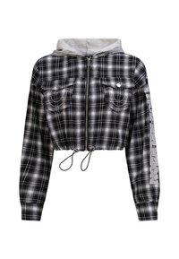 Przycięta czarno-biała kurtka w kratę z szarym kapturem, z zamkiem z przodu, dwoma kieszeniami na piersi oraz sznurkiem ściągającym u dołu.