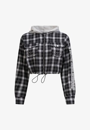 Gekürzte schwarz-weiße karierte Jacke mit grauer Kapuze, ausgestattet mit einem Reißverschluss vorne, zwei Brusttaschen und Kordelzügen am Saum.