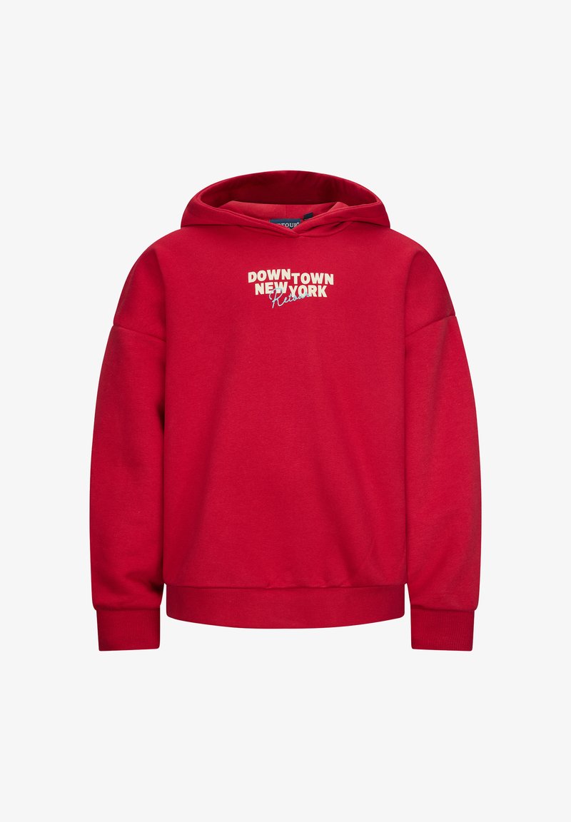 Felpa rossa in tessuto morbido, con tasca frontale, maniche larghe e una grafica in beige chiaro che riporta la scritta "DOWNTOWN NEW YORK."
