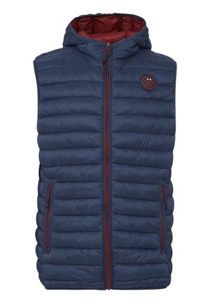 Navy blue padded vest with a hood, featuring a red zipper, two side pockets, and a circular logo on the chest. Smooth texture, quilted design.
