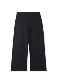 Pantaloni neri a gamba larga con una texture morbida, vita elasticizzata e design minimalista. Adatti per un abbigliamento casual o rilassato.