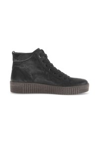 Zwarte leren enkelboots met veters, gestructureerd oppervlak en een geribbelde bruine rubberen zool. Voorzien van een lus aan de achterkant voor gemakkelijk aan- en uittrekken.