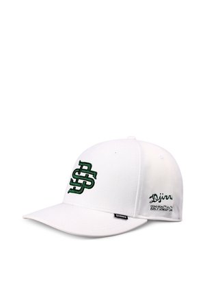 White baseball cap with green embroidered overlapping letters on front and cursive text with small print on side.