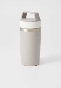 Gray insulated travel mug with a textured body, white silicone band, and a gray plastic lid featuring a handle. Stainless steel accent band.