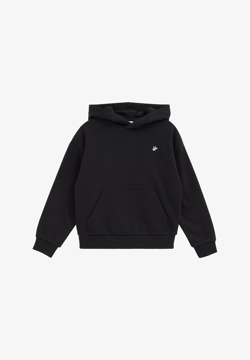 Sweat à capuche noir avec poche avant et petit logo oiseau blanc sur le côté gauche de la poitrine, présenté sur fond blanc.