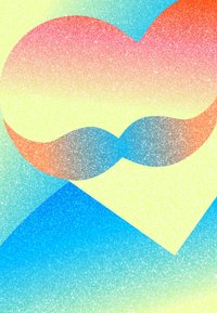 Two overlapping sparkling hearts, one red to yellow gradient and one blue to yellow gradient, on a multicolor glittery background.