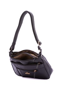 Borsa a spalla in pelle nera con finitura testurizzata, diversi scomparti con zip e dettagli in metallo color oro. Cinghia regolabile.