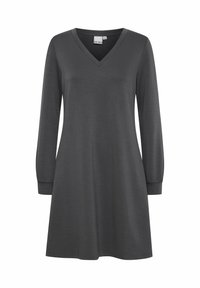 Dunkelgraues langärmliges Kleid mit V-Ausschnitt, aus weichem Stoff gefertigt. Ausgestellter Schnitt und geraffte Manschetten an den Ärmeln. Schlichtes Design ohne Muster.
