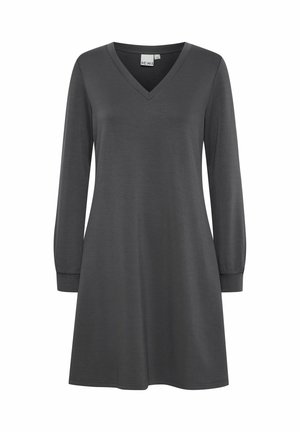 Vestido largo de manga larga en gris oscuro con escote en V, hecho de una tela suave. Silueta acampanada y puños fruncidos en las mangas. Diseño sencillo sin patrones.