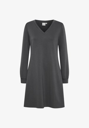 Dunkelgraues langärmliges Kleid mit V-Ausschnitt, aus weichem Stoff gefertigt. Ausgestellter Schnitt und geraffte Manschetten an den Ärmeln. Schlichtes Design ohne Muster.