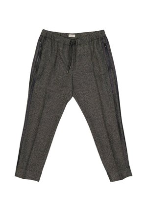 Pantalon à carreaux gris avec taille élastique, cordon noir, poches latérales zippées et bandes latérales noires.