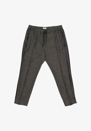 Pantalon à carreaux gris avec taille élastique, cordon noir, poches latérales zippées et bandes latérales noires.