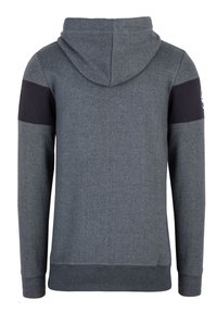Grau Kapuzenpullover mit strukturiertem Finish, der schwarze Akzentstreifen auf den Schultern sowie gerippte Bündchen und Saum hat.