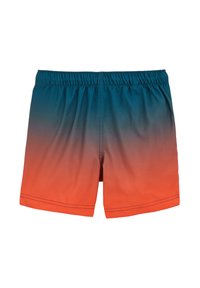 Šortai su elastinga juosmens dalimi, spalvų gradientu nuo mėlynos viršuje iki oranžinės apačioje, parodyti ištiesti ant balto fono.