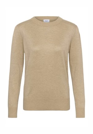 Beige kötött pulóver, kerek nyakkivágás, hosszú ujjak, bordázott mandzsetták és szegély. Diszkrét textúra, könnyű anyag, minta vagy díszítés nélkül.