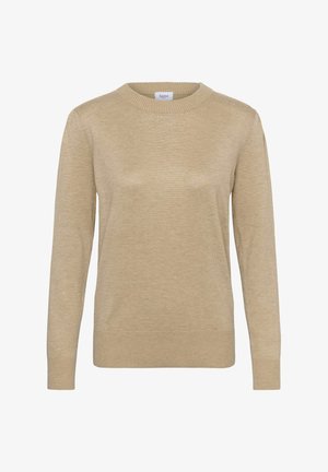 Beige kötött pulóver, kerek nyakkivágás, hosszú ujjak, bordázott mandzsetták és szegély. Diszkrét textúra, könnyű anyag, minta vagy díszítés nélkül.