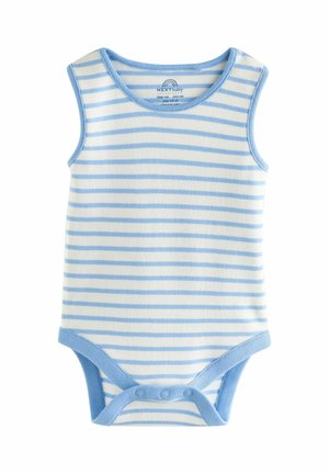 Csíkos babaruházat puha pamutból, kék-fehér vízszintes csíkokkal, ujjatlan kialakítással és patentos zárral az alján.