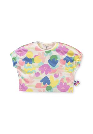 Crop top a maniche corte con motivi floreali astratti multicolori in rosa, blu, giallo e verde su sfondo bianco.