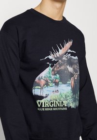 Felpa nera con una grafica di un alce vicino all'acqua con accenti verdi. Sotto il design, c'è il testo "MONTAGNE BLUE RIDGE DELLA VIRGINIA".