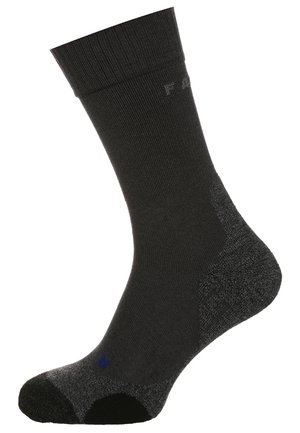 Dunkelgraue Socke mit geripptem Bund, verstärkter Zehen- und Fersenpartie sowie einem strukturierten Muster auf dem Fuß. Blaues Akzentband am Knöchel.