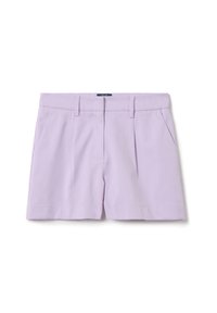 Pantaloni shorts color lilla realizzati in tessuto intrecciato, con un design sartoriale, pince frontali, due tasche laterali e una texture liscia.