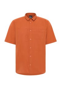 Korte mouw knop-up shirt in oranje stof. Voorzien van een puntige kraag, drukknoopjes en een borstzak met een rechthoekig ontwerp.