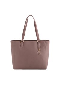 Tote bag i dæmpet mauve syntetisk materiale, med dobbelte håndtag, hardware i guldfarve og en dekorativ charme. Glat tekstur, minimalistisk design.
