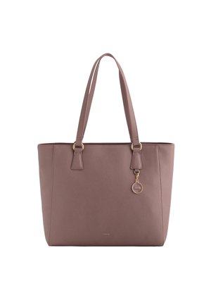 Tote-Bag aus muted mauve-synthetischem Material, mit zwei Griffen, goldfarbenen Details und einem dekorativen Anhänger. Glatte Textur, minimalistisches Design.