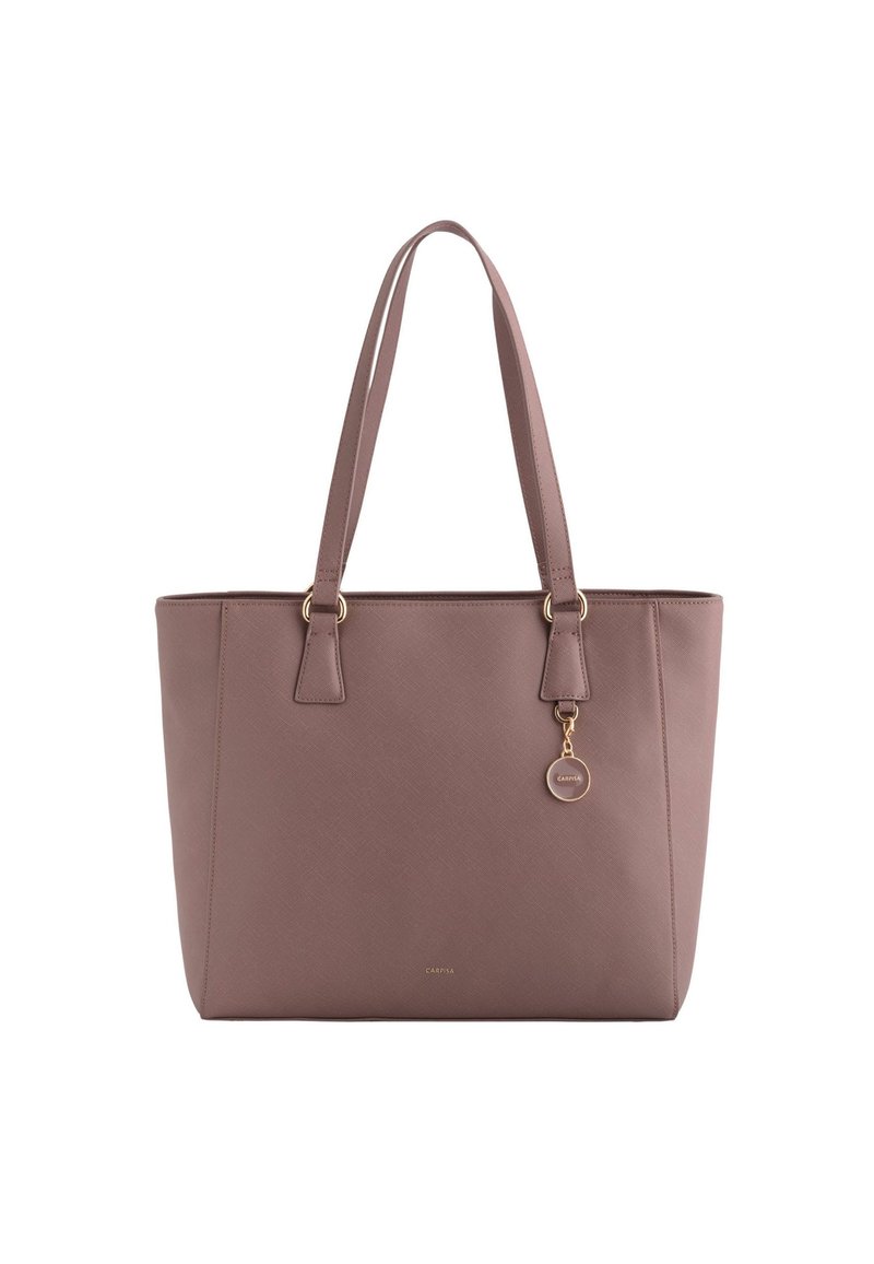Tote bag i dæmpet mauve syntetisk materiale, med dobbelte håndtag, hardware i guldfarve og en dekorativ charme. Glat tekstur, minimalistisk design.